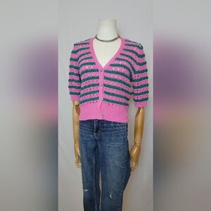 ZARA Striped Open Knit Pink Green Sweater Cardigan, Size Small